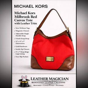“Michael Kors” Millbrook Red Canvas Tote w/Leather Trim: NWOT + COA